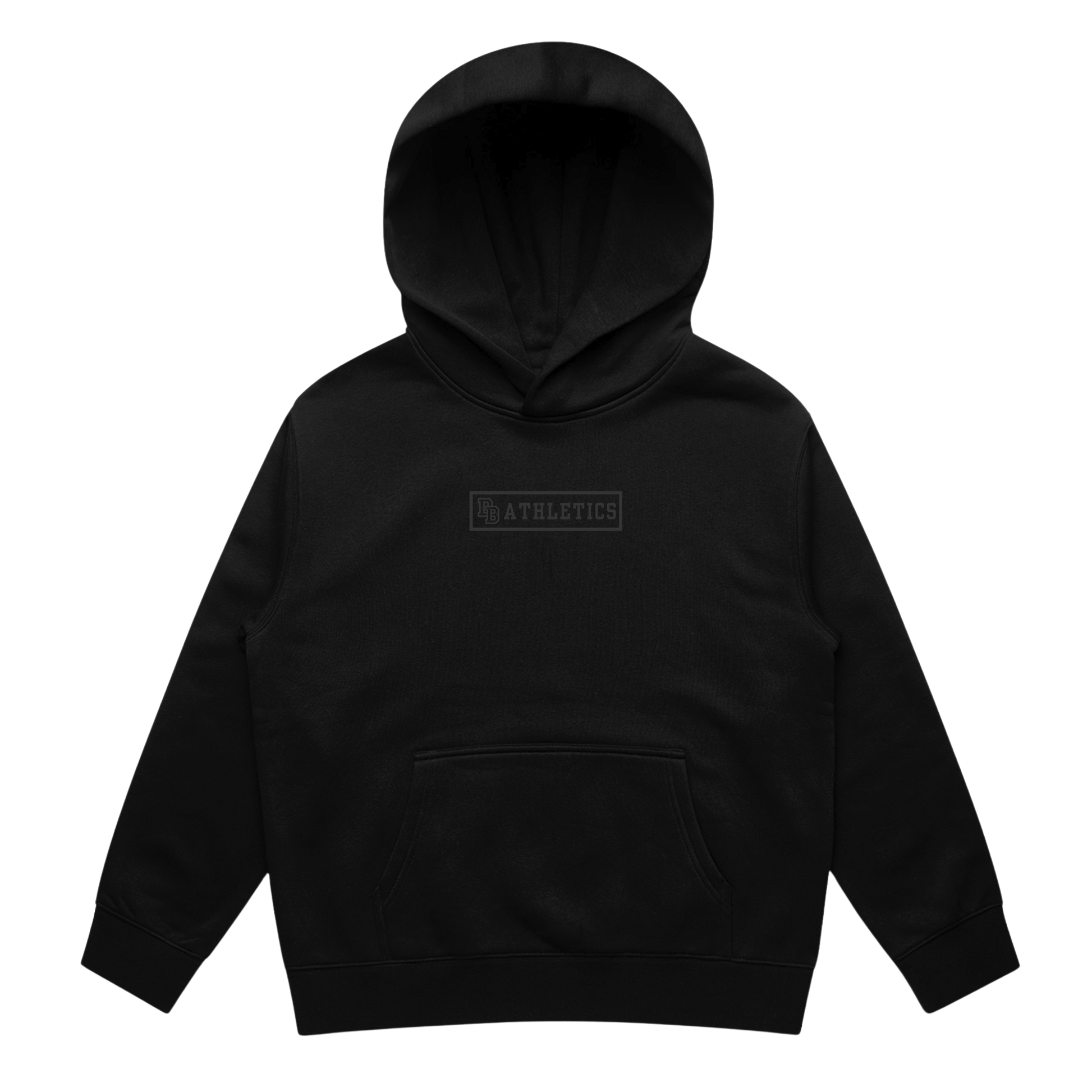 Black hoodie with a logo on the chest against a transparent background