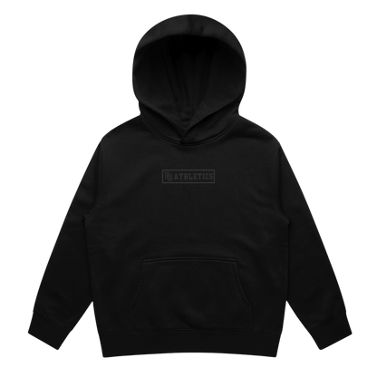 Black hoodie with a logo on the chest against a transparent background
