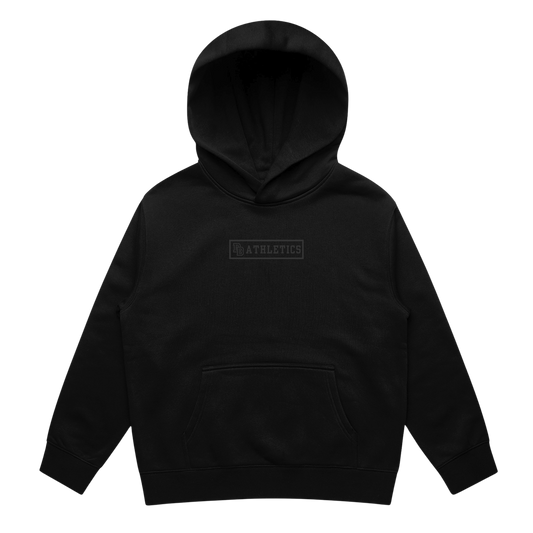 Black hoodie with a logo on the chest against a transparent background