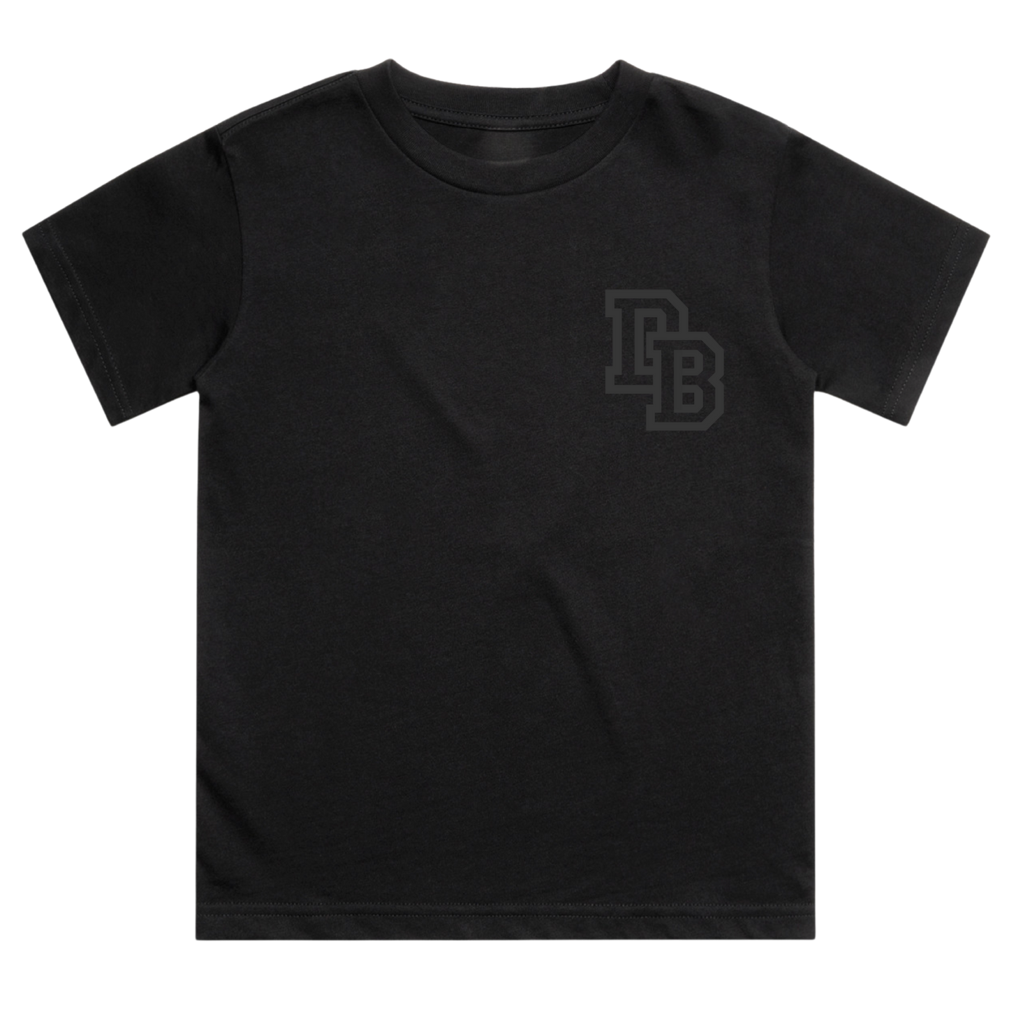 Black t-shirt with a logo on the chest against a white background