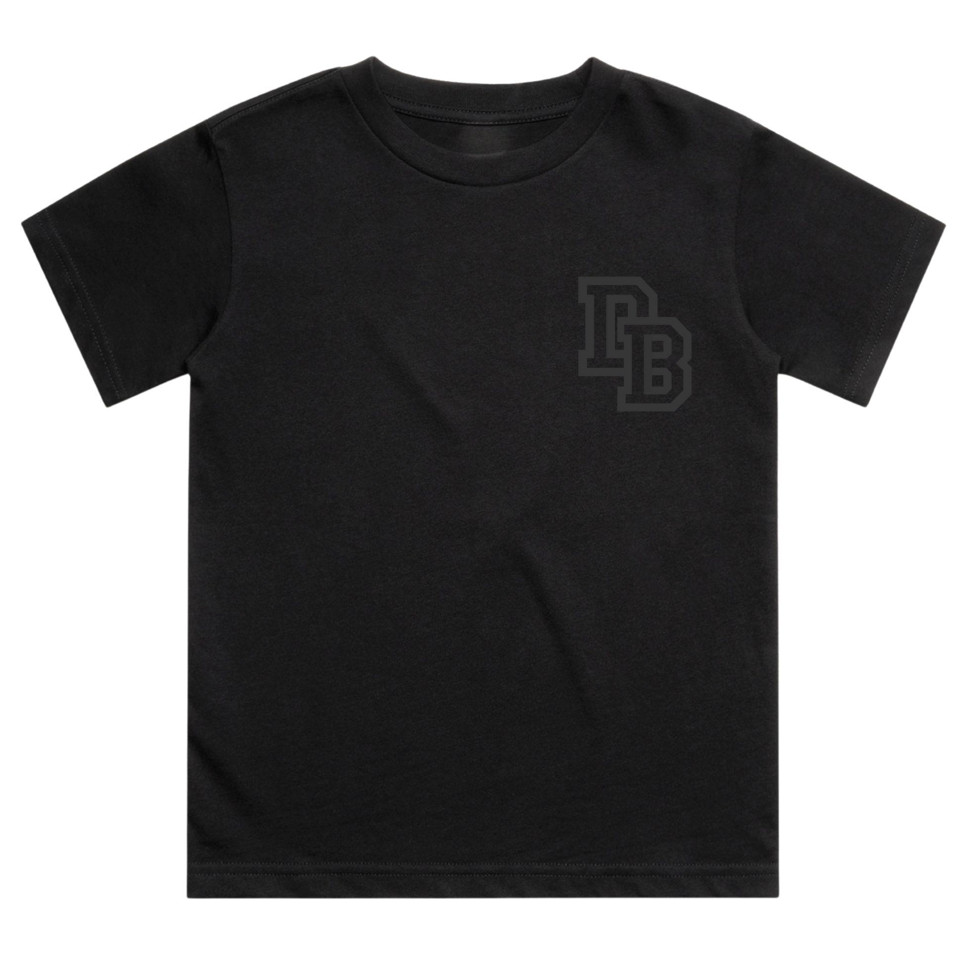 Black t-shirt with a logo on the chest against a white background