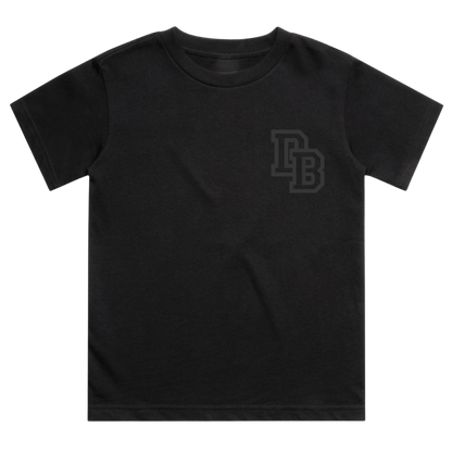 Black t-shirt with a logo on the chest against a white background
