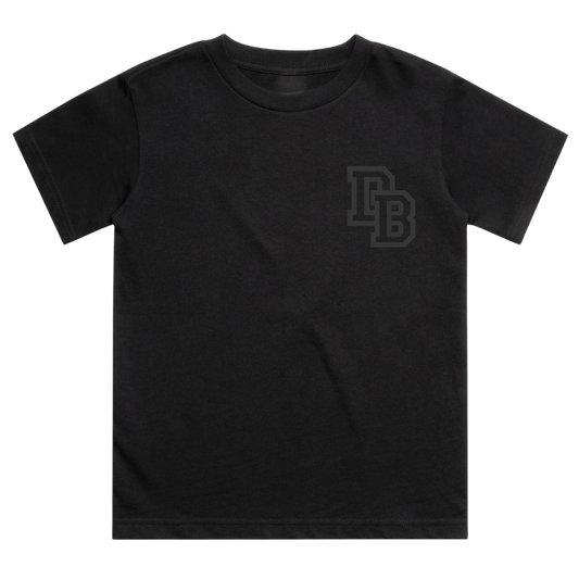 Black t-shirt with a logo on the chest against a white background