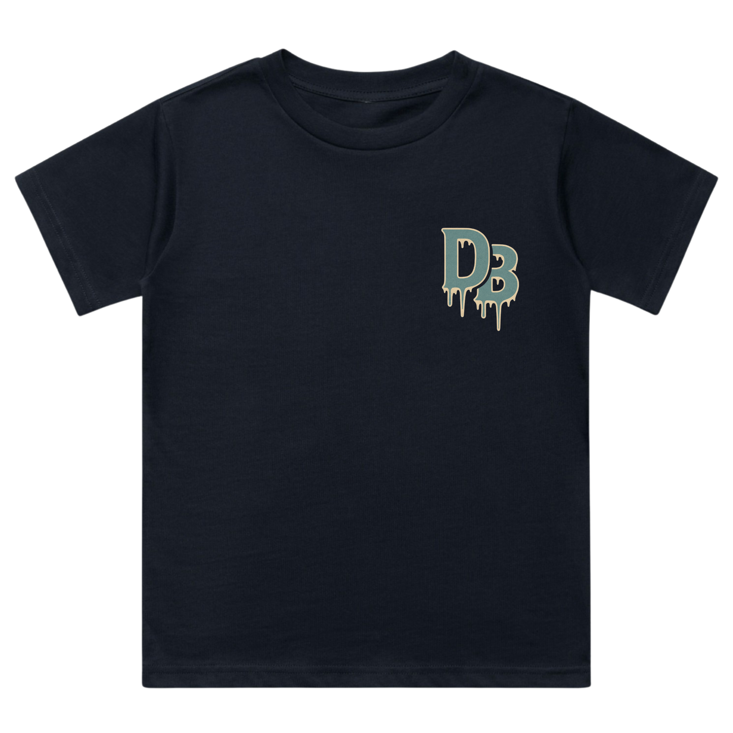 Exclusive Drippy Boyz Holiday front chest DB logo on navy youth shirt