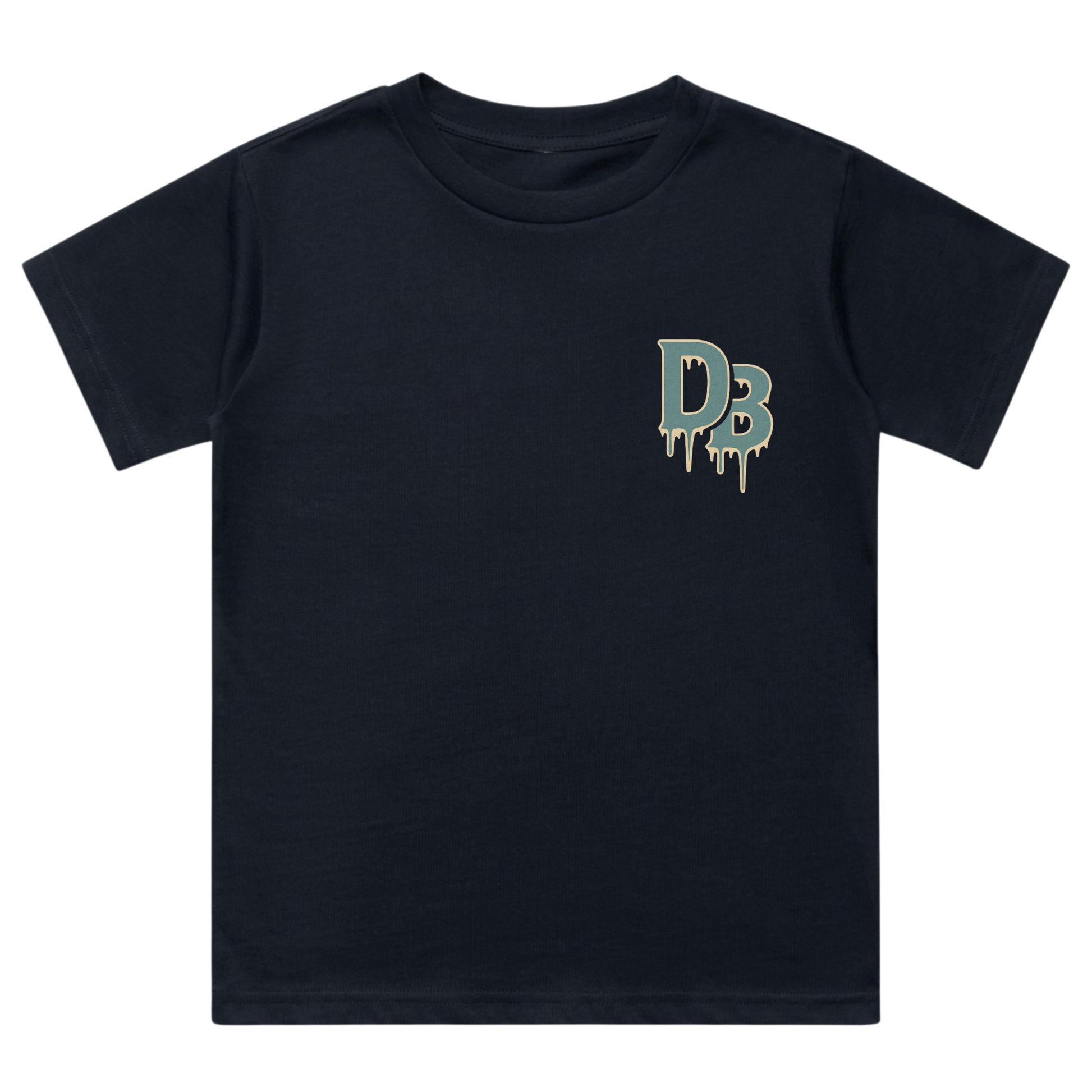 Exclusive Drippy Boyz Holiday front chest DB logo on navy youth shirt