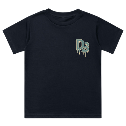 Exclusive Drippy Boyz Holiday front chest DB logo on navy youth shirt