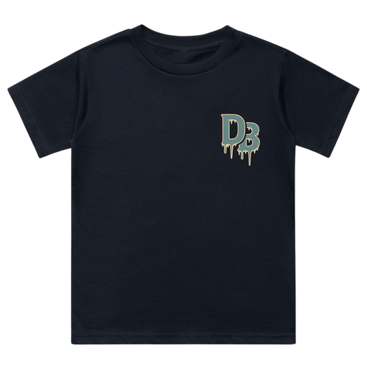 Exclusive Drippy Boyz Holiday front chest DB logo on navy youth shirt
