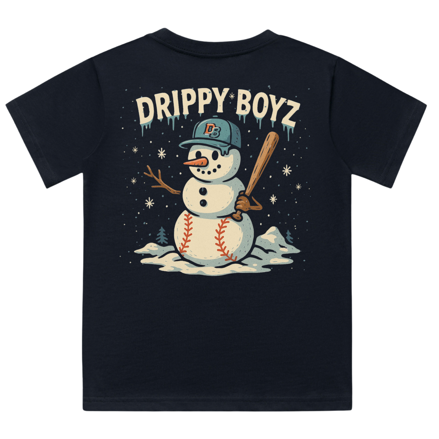 Holiday baseball snowman illustration on the back of a navy Drippy Boyz shirt