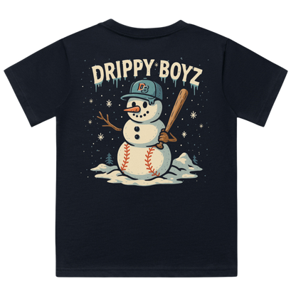 Holiday baseball snowman illustration on the back of a navy Drippy Boyz shirt