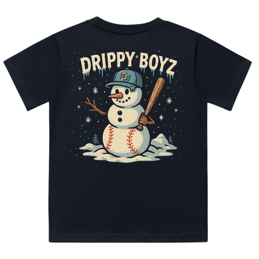 Holiday baseball snowman illustration on the back of a navy Drippy Boyz shirt